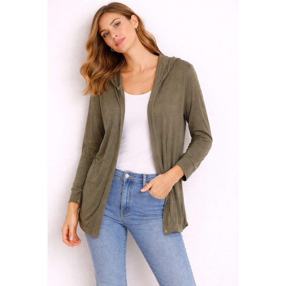 Tahari Womens Olive Green 100% Linen Hooded Open Front Cardigan Sweater